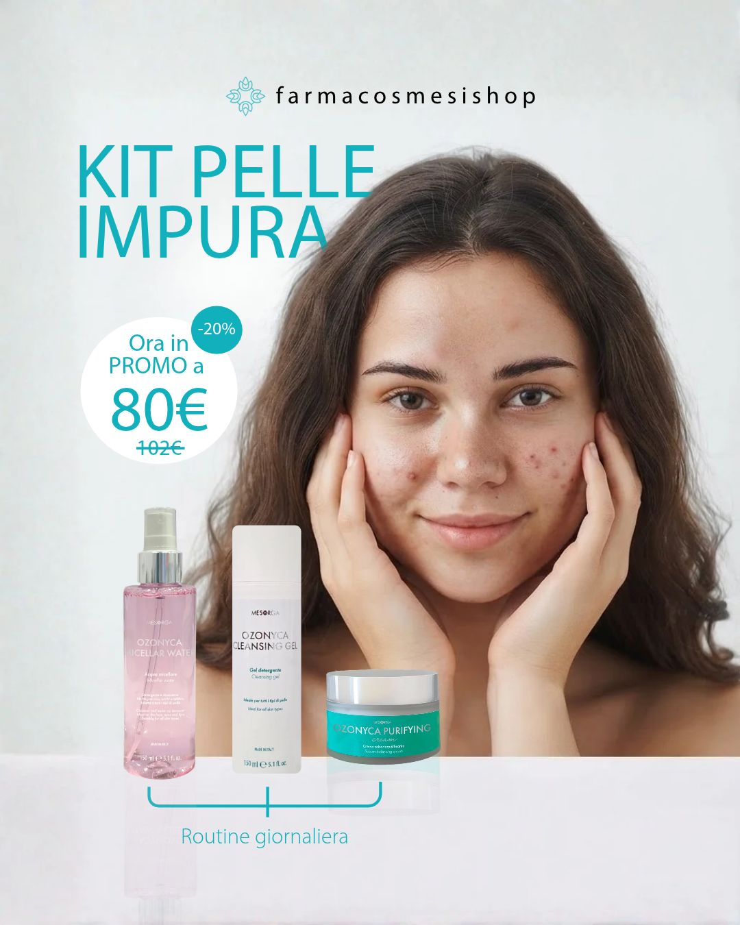 Kit Pelle Impura Mesorga: Ozonyca Micellar Water, Cleansing Gel e Purifying Cream