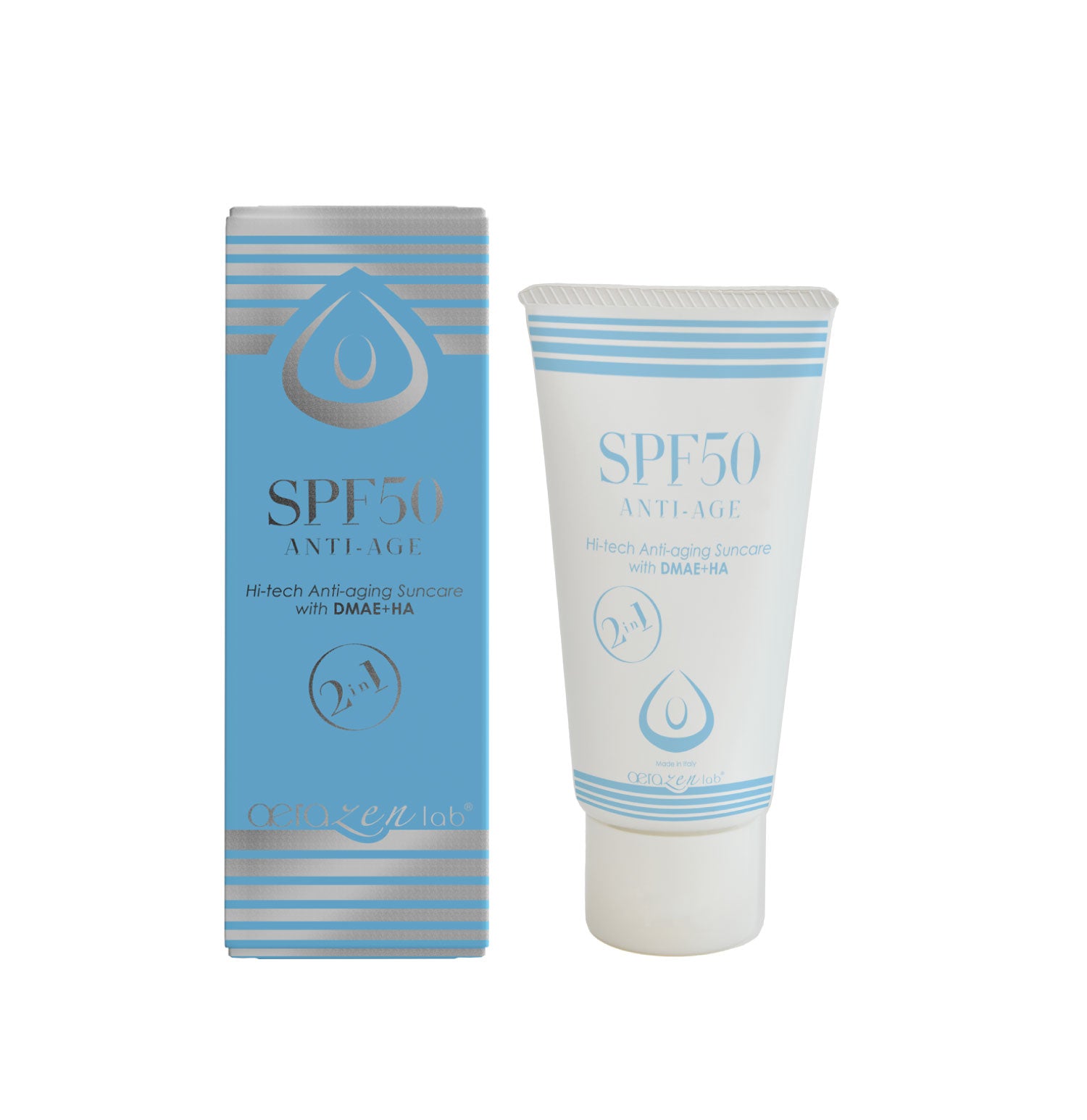 SPF 50 - Anti-Age Hi-Tech - Elevata Protezione ai Raggi Solari con DMAE + ACIDO IALURONICO- Aerazen Lab.